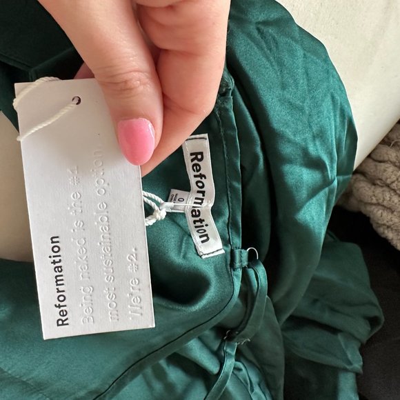 NWT Reformation Poppies Maxi Silk Dress Sz 0 Forest Green Deep V-neck Cut-out - Picture 4 of 12